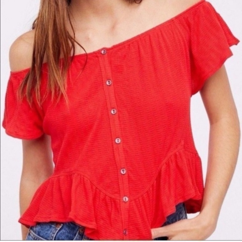 Free People Mint Julep Cherry Red Off Shoulder Top Sz S